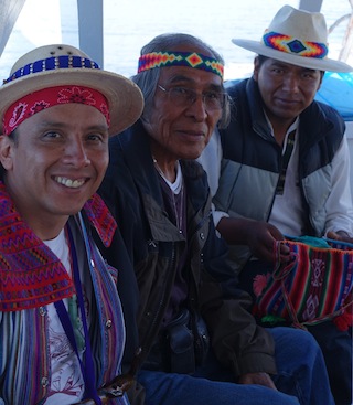 Apab'yan Tew (left) and Radford Quamahongnewa (center) with Aymara leader Roger Choque